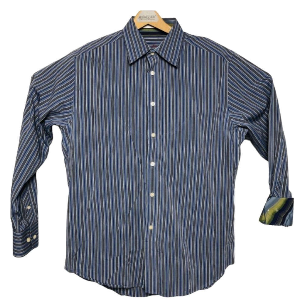 Robert Graham Blue w/ Tan Stripes L/S Ctn Btn Down w/ Flipcuff Mens Size Large L